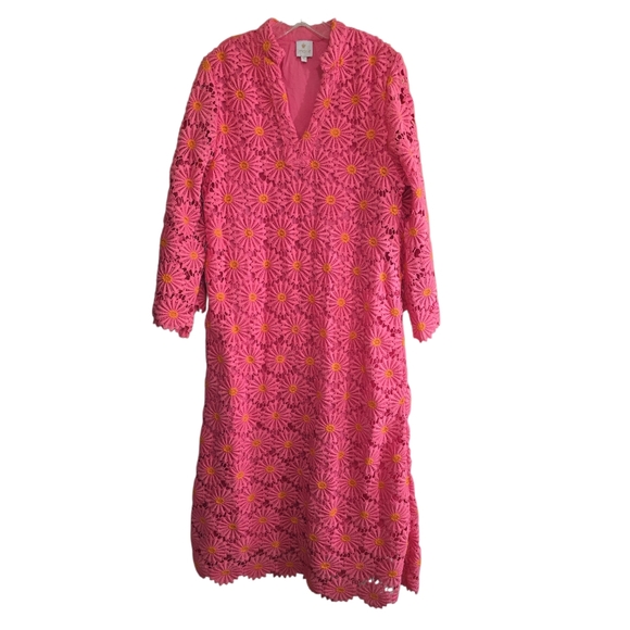 NWT J. Marie Pink Orange Daisy Crochet Maxi Dress Small V-neck Lined Small Flaw - Picture 2 of 11
